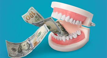 A mouth model eating money, symbolizing the cost of a root canal in Daytona Beach