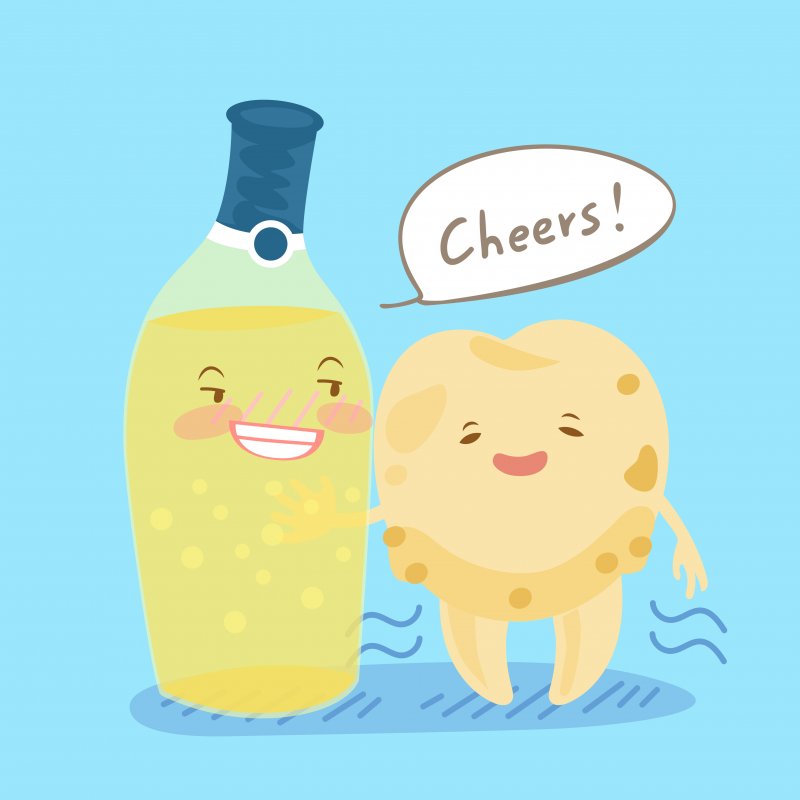 Cartoon depictions of alcohol bottle and tooth